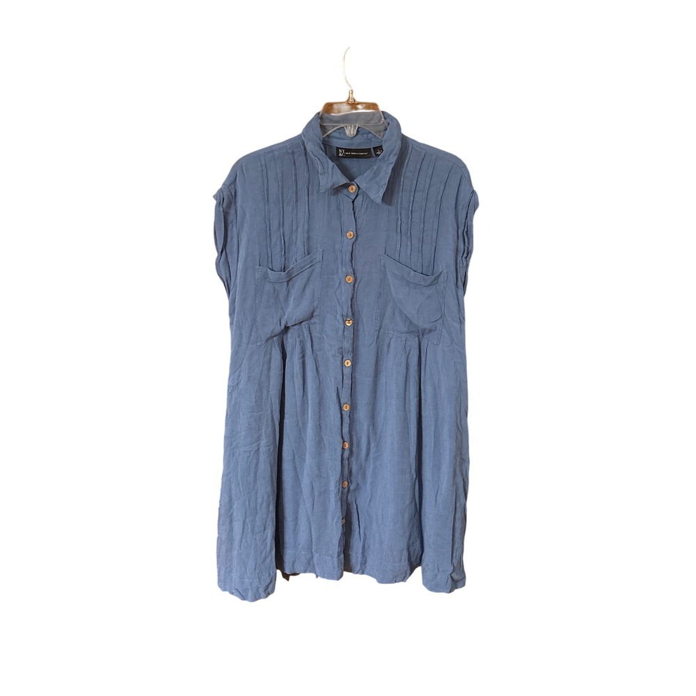 NY&C New York & Company Blue Pintuck Sleeveless Button Down Tunic Top Large